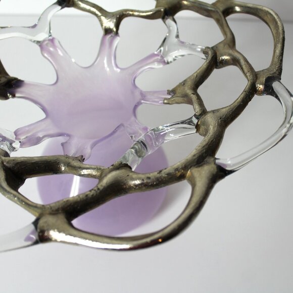 M Duca Hand Blown Mid-Century Glass Lattice Web Vase Gold Lavender Signed - Picture 9 of 16